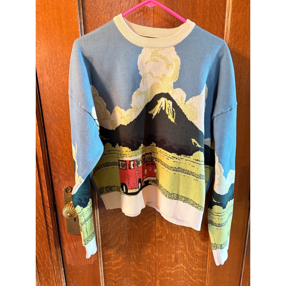 Cider Mountain Landscape Camper Van Graphic Knit Sweater Blue Green Women Large